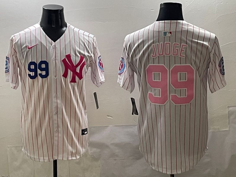 Men New York Yankees 99 Judge Stripe Red Jointly Name 2025 Nike MLB Jersey style 2